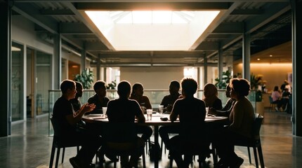 Fototapeta premium Silhouette of a Business Meeting Around a Conference Table.