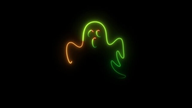 Neon outline of a ghost with green and orange light on black