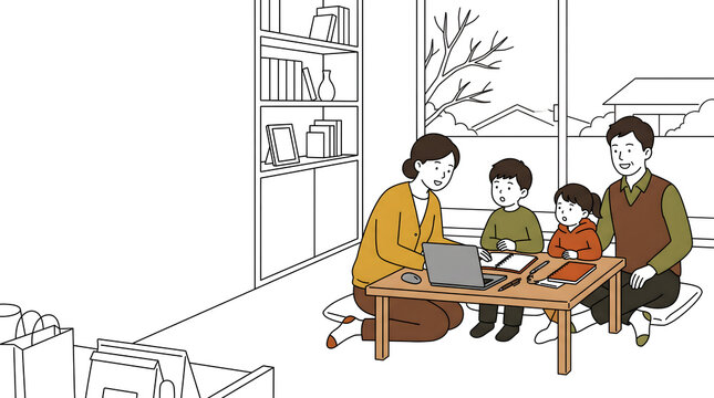 ノートパソコンを囲んで両親の仕事や働くことについて学ぶ仲良し家族のイラスト
