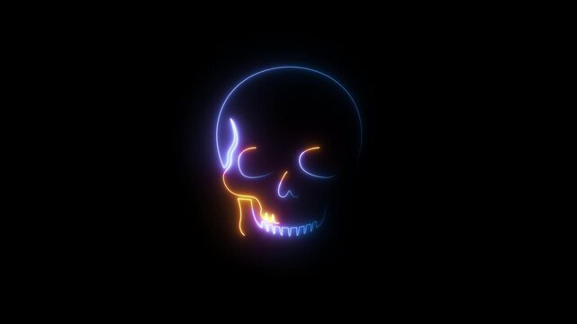 Neon outline of a human skull with glowing orange and blue lines on a black background