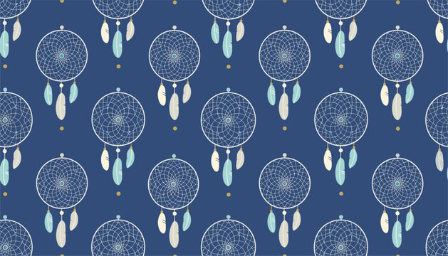 Seamless pattern of hand drawn ethnic dreamcatchers with feathers on a starry night dark blue background.