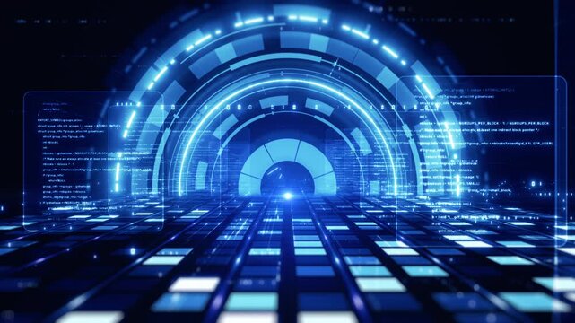 Futuristic Coding Concept With Glowing Digital Tunnel And Computer Code Flowing Through A High Tech Data Network, Technology Abstract Background Concept