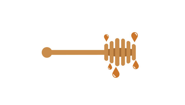 Wooden honey dipper spoon with sweet sticky golden honey drops dripping down on a clean white background.