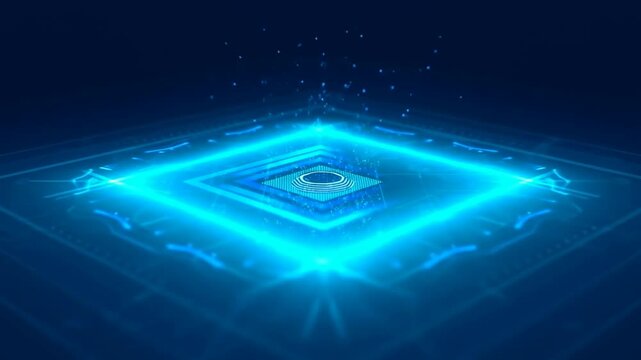 Futuristic Glowing Blue Holographic Digital Platform with Central Energy Core on Dark Background