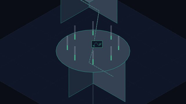 Abstract futuristic interface with data analytics and neon cyan grid lines