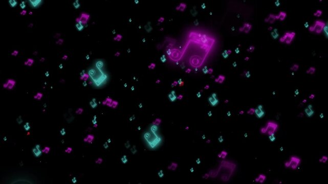 colorful musical notes flying particles animation on black, colorful music notes musical and song related party background. social media music design tech background