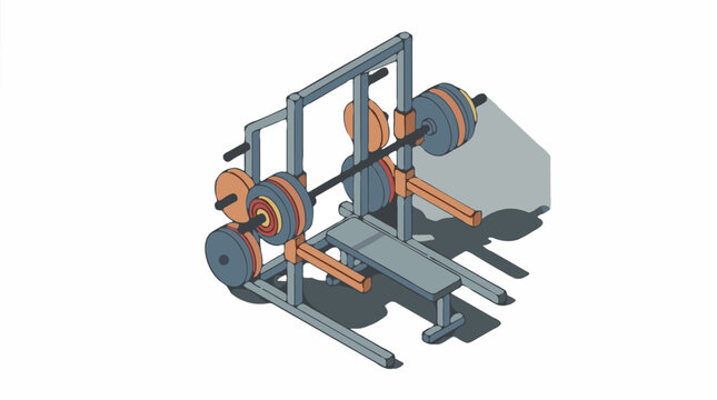 Isometric vector illustration of a weightlifting rack with barbell and weight plates on a white background