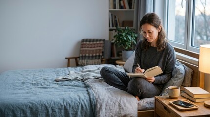 Fototapeta premium Peaceful woman journaling in bed with tea books and warm light at home