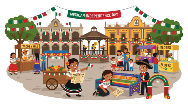 Mexican Independence Day Celebration in a Town Square with People, Food Stalls, and Music