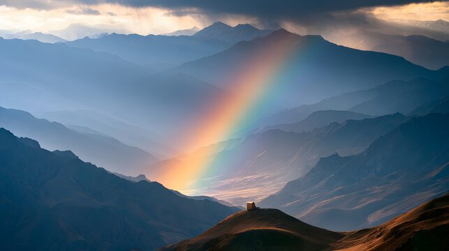 A small house on a mountain hill under a vibrant rainbow and dramatic storm clouds in a vast valley landscape