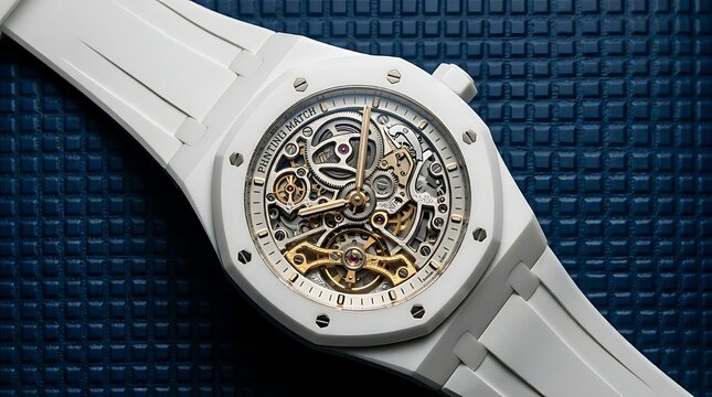 Luxury White Skeleton Watch with Exposed Complex Mechanical Movement on Blue Textured Background