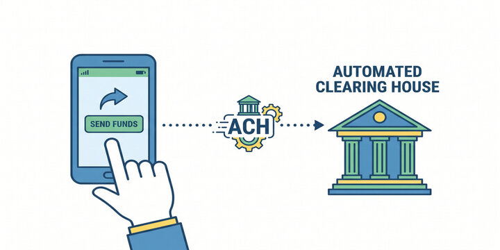 Automated Clearing House Online Payment Processing and Mobile Bank Funds Transfer Concept Illustration