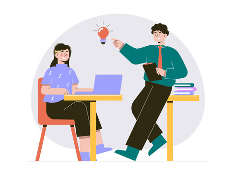 A mentor or teacher sharing an idea with a seated intern or student working on a laptop. Internship illustrations. Flat vector concepts.