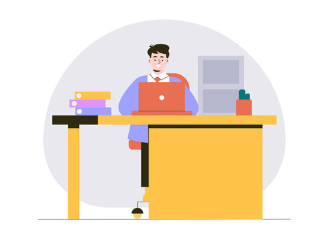 A young manager or office worker sitting at a yellow desk and working on an orange laptop. Internship illustrations. Flat vector concepts.