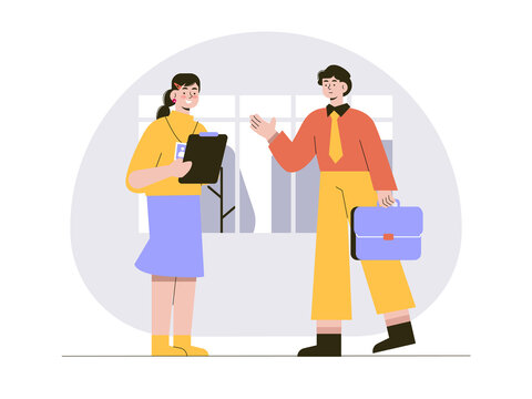 A professional workplace interaction, such as a male employee or manager greeting and onboarding a new intern. Internship illustrations. Flat vector concepts.