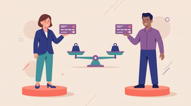 Original generative AI vector illustration representing Equal Pay Day with two professional figures on equal platforms holding identical geometric salary symbols.
