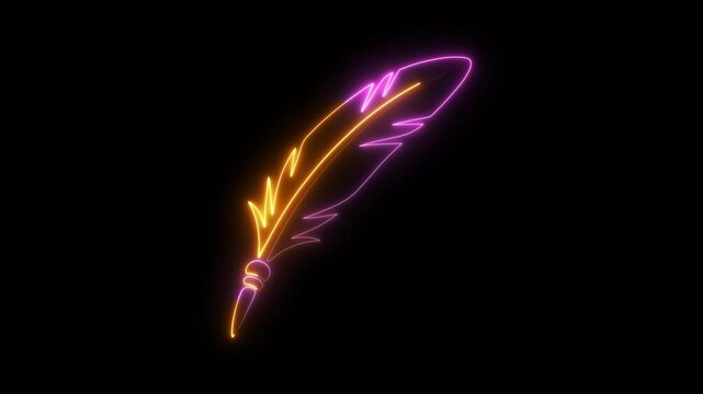 Neon outline of a quill pen in pink and orange on a black background