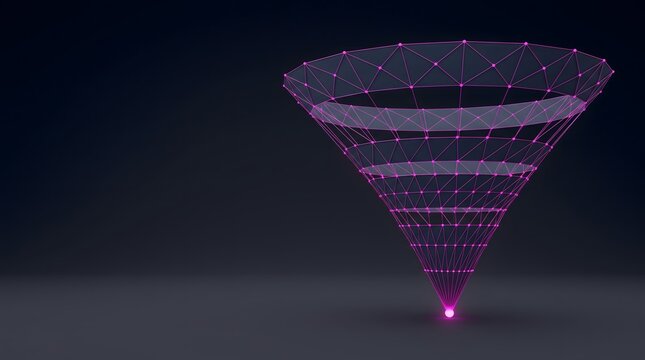 Futuristic glowing pink digital funnel wireframe representation for business conversion and sales data analysis on dark background