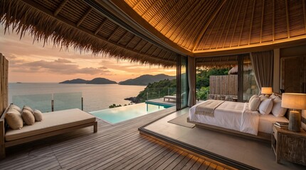 Fototapeta premium Luxury wooden beachfront villa bedroom with infinity pool overlooking tropical ocean sunset