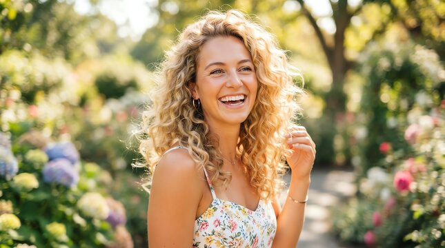Joyful Woman Celebrating Outdoors in Blooming Garden.