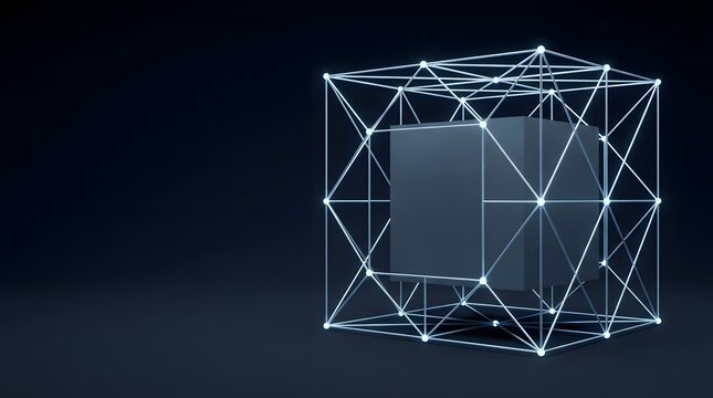 Futuristic glowing digital cube wireframe encapsulating a solid geometric block for data security technology concept visualization
