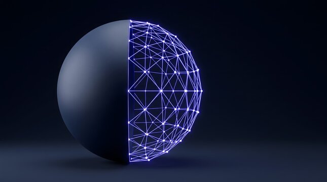 3D digital sphere with solid hemisphere and glowing wireframe network mesh representing cyber data transformation on dark background