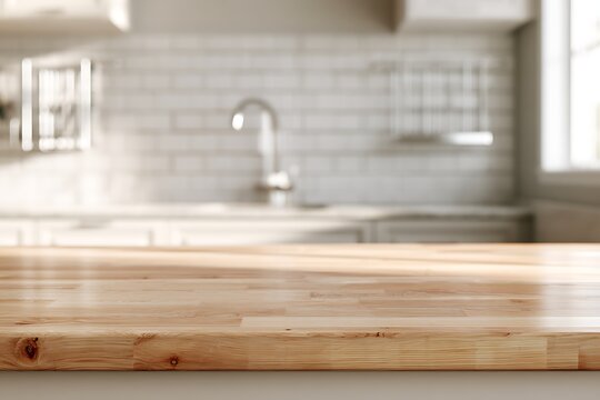 Empty wooden countertop with blurred kitchen background, ideal for product display or food photography, showcasing a clean and modern interior design aesthetic