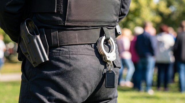 Tactical officer wearing a utility belt with empty holster with enforcement officer black uniform stands equipment law enforcement professional protection background handcuffs