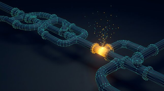 3D digital wireframe pipeline with a glowing orange leak representing industrial system failure and data breach