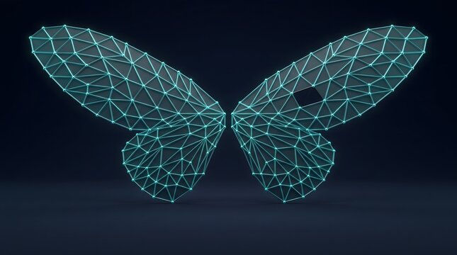 Digital cyan wireframe butterfly wings created with glowing polygon network mesh nodes on a dark background