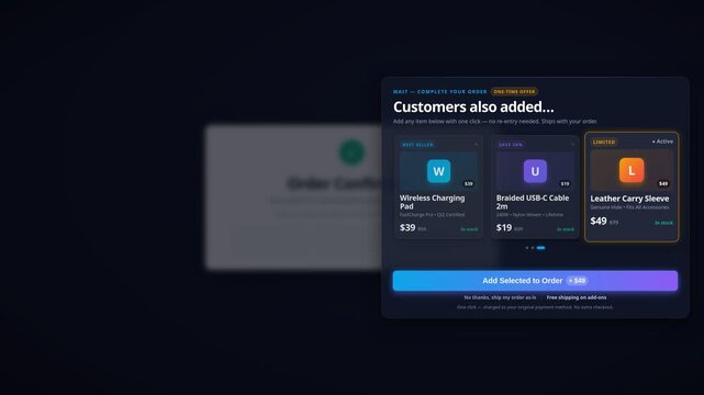 Digital order confirmation interface with upsell product recommendations, for e-commerce checkout flow, user experience design, conversion rate optimization, online shopping journey