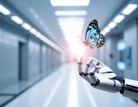 Robotic Hand Holding a Butterfly in a Futuristic Environment with Soft Lighting Effects