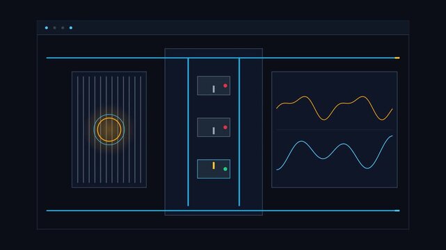 Abstract data monitoring interface with glowing audio waves