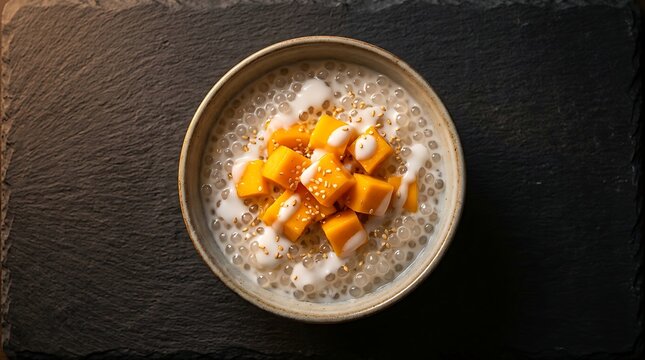 Delicious Mango Tapioca Pudding with Coconut Milk in a Bowl on Dark Stone Background