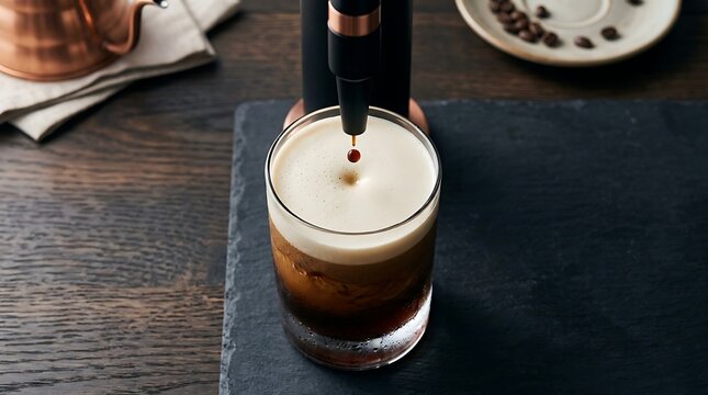 Freshly brewed nitro cold brew coffee being poured into a glass with rich crema on dark wooden background