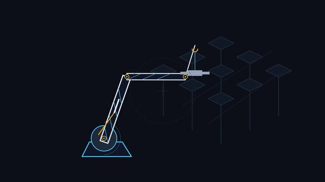 A technical schematic illustration showing an automated mechanical robotic arm in action