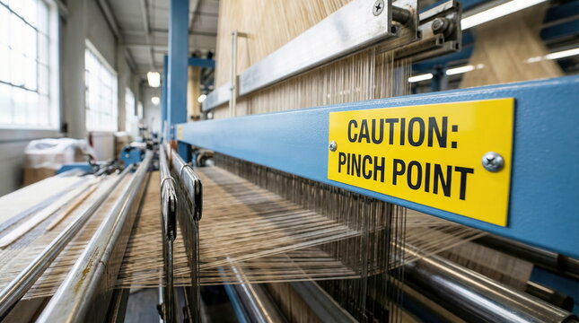 Industrial loom weaving threads with "Caution: Pinch Point" sign, factory production floor, workplace safety concept.