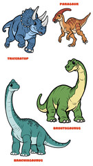 Cute cartoon herbivore dinosaur set 1 illustration including triceratops parasaurolophus brontosaurus and brachiosaurus isolated on transparent background © pranowo