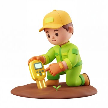 3d cartoon agricultural technician testing soil quality with sensor