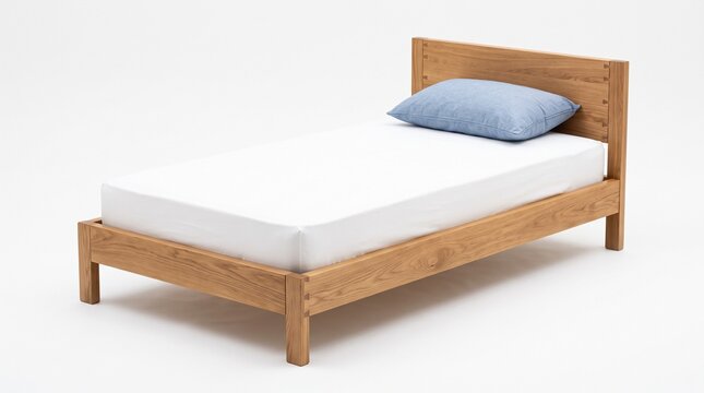 Modern wooden single bed with white mattress and blue pillow in minimalist bedroom setting