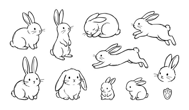 Minimal white bunny sketch bundle simple rabbit outline vector for nursery and Easter