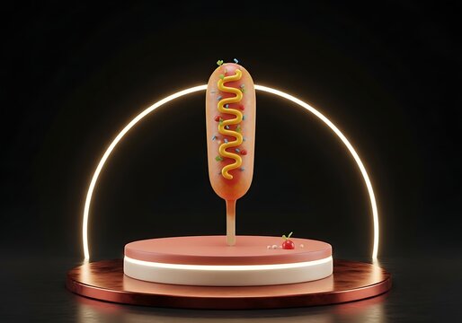 Hot dog with mustard and ketchup under bright lights at event
