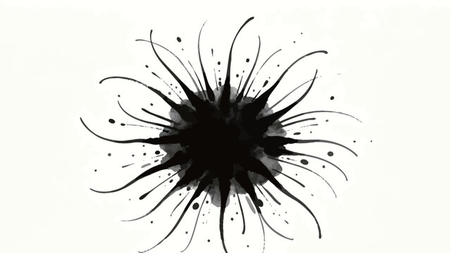 Abstract black ink splatter with spiky tendrils and droplets on white background