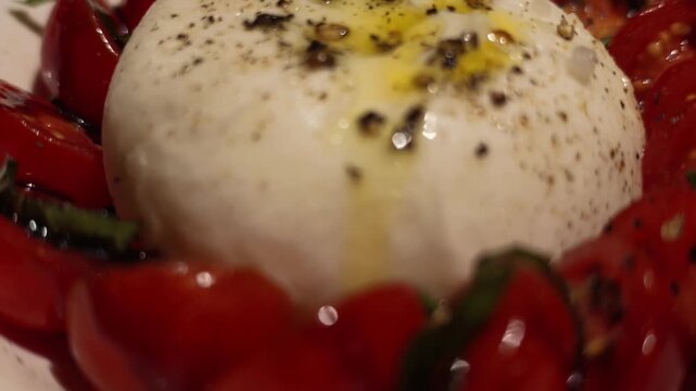 Camera pushes in on fresh burrata caprese salad with tomatoes