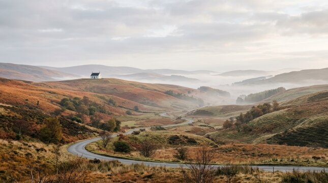 A misty, hilly landscape with a lone house perched on a hilltop, surrounded by autumnal colors and a cloudy sky.