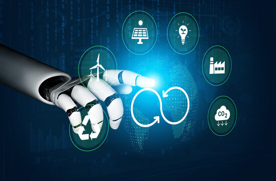 A robotic hand interacts with sustainability icons, symbolizing the fusion of technology and environmental conservation in a digital world focused on renewable energy solutions. Cyphers
