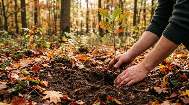 of male hands planting young oak sapling in autumn forest soil, environmental conservation, reforestation project, sustainability and ecology, climate change action