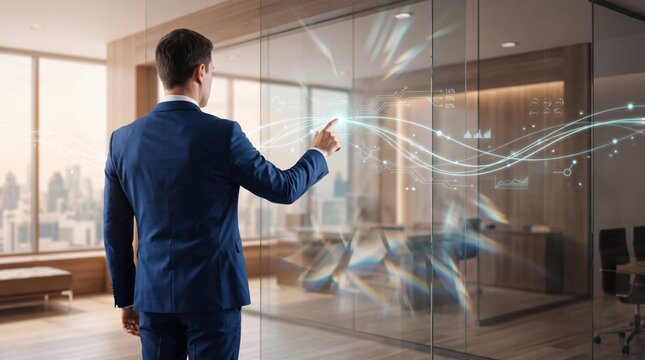 Confident businessman in blue suit touching virtual data stream on glass wall in luxury office, futuristic connectivity, global network visualization, abstract light lines