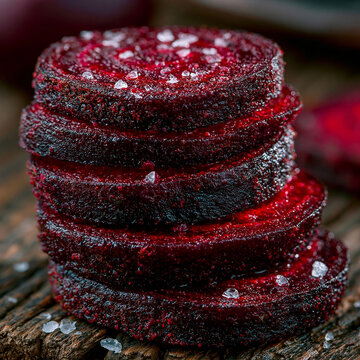 Stack of dark red beetroot slices sprinkled with coarse salt on wood