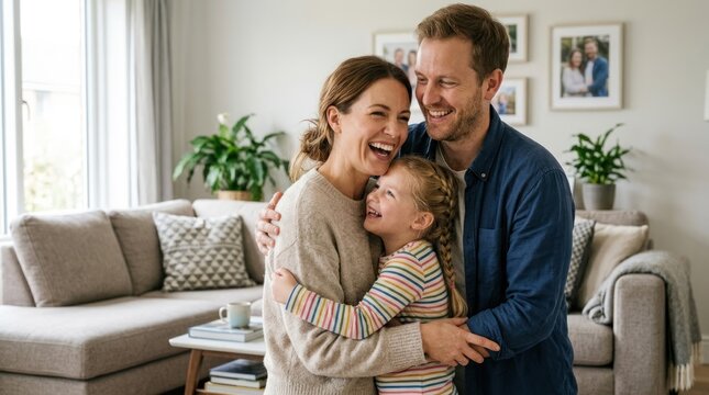 A happy family embracing in a cozy living room with a beige couch and green plants.